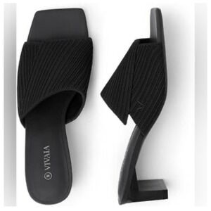 Vivala Jade Black Knit Square Toe Block Heel Slide Sandals